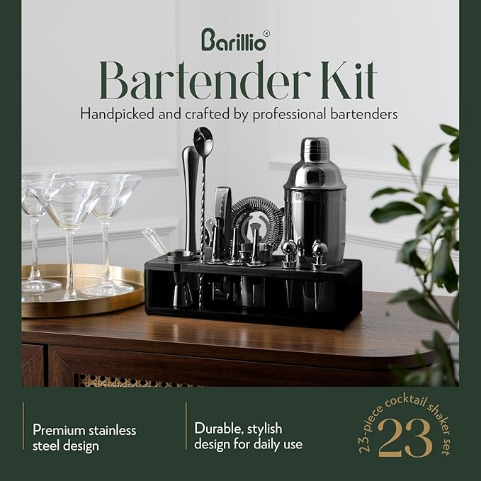 Barillio Black Bartender Kit - Stainless-Steel Cocktail Shaker Set w/Black Bamboo Stand - Mixology Bar Tools w/Drink Shaker, Mixer and Muddler for Cocktails - Home Bar Accessories - 23-Pc Bar Set