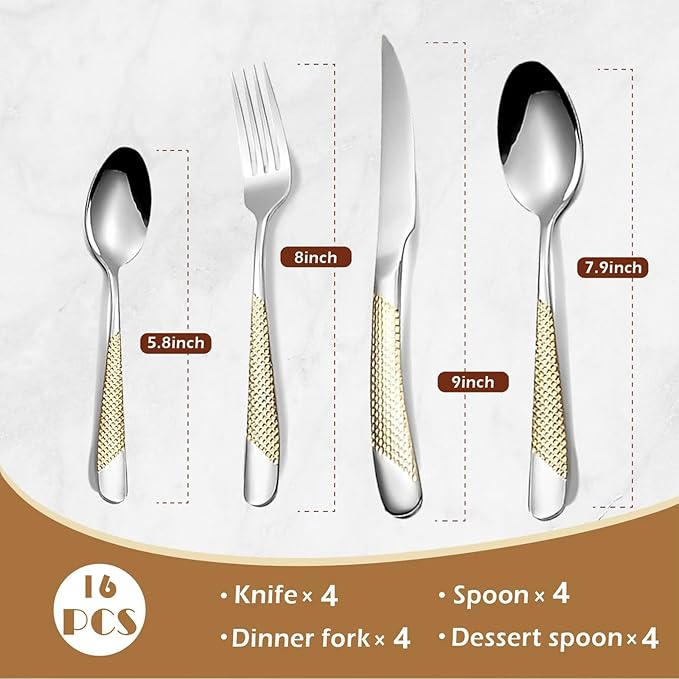 16-Piece Stainless Steel Modern Flatware Set For 4,Silverware Set With Thick Material, Silver and Gold Dining Cutlery Set For Family party, Memorial Day, Christmas Gifts