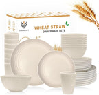 Wheat Straw Dishes Set for 8, Dinnerware Sets 32 piece, Unbreakable Plates, Bowls, Cups Sets for Kitchen Parties Camping RV - Beige