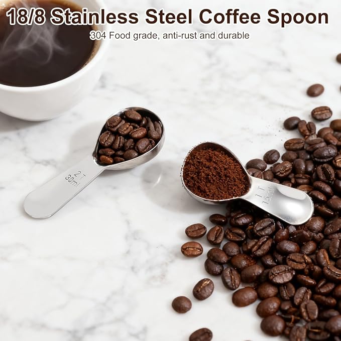 2Pcs Coffee Scoops, Premium 18/8 Stainless Steel Coffee Spoons, Set of 2 Short Handled (1 Tablespoon & 2 Tablespoon) Coffee Measuring Spoon for Ground Coffee, Tea and Powder by ES NATAURA