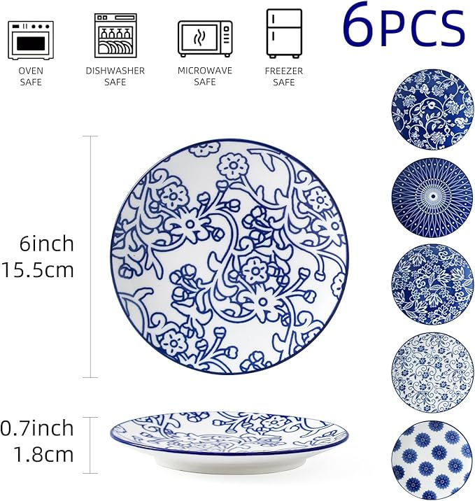 Ceramic Dessert Plates Set - 6 Inch Small Appetizer Plates for Kitchen - Salad Plate for Cake Snacks Side Dish, Microwave Dishwasher Safe, Gift, Vintage Blue