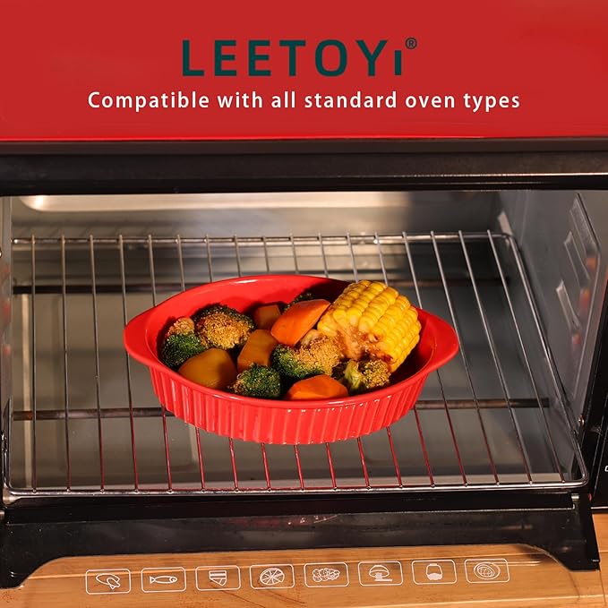 LEETOYI Porcelain Small Oval Au Gratin Pans, Baking Dish Set for 1 or 2 person servings, Bakeware with Double Handle for Kitchen and Home, Set of 2 (Red)