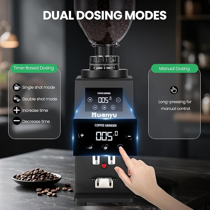 Huanyu Commercial Coffee Grinder with 64mm Flat Burr Anti-Flying Grounds Outlet 26oz Lotus Hopper 8 Stepless Settings Electric Coffee Grinders with Smart Touchscreen for Cafés Restaurants