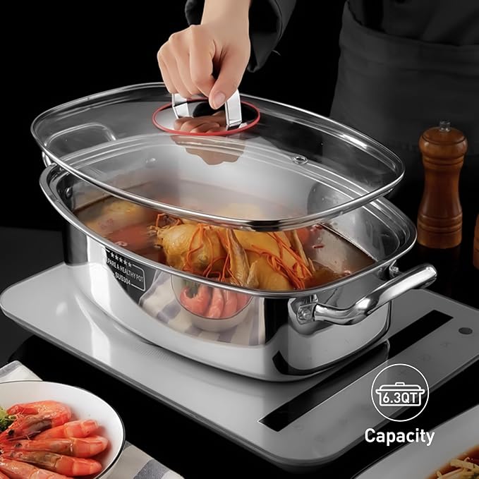Eglaf 2-Tier Stainless Steel Fish Steamer - Multi-Use Square Steaming Cookware with Rack, Ceramic Plate, Chuck, Oven Mitts - Stockpot for Steaming Fish, Boiling Soup