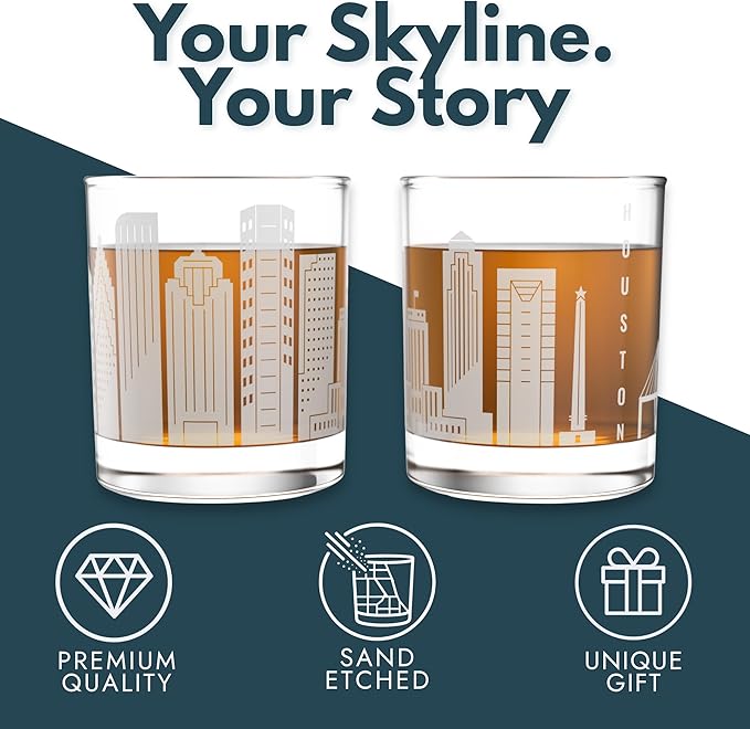 Greenline Goods – Houston, TX Skyline Whiskey Glasses (Set of 2), 10 oz – Rocks/Old Fashioned Tumblers