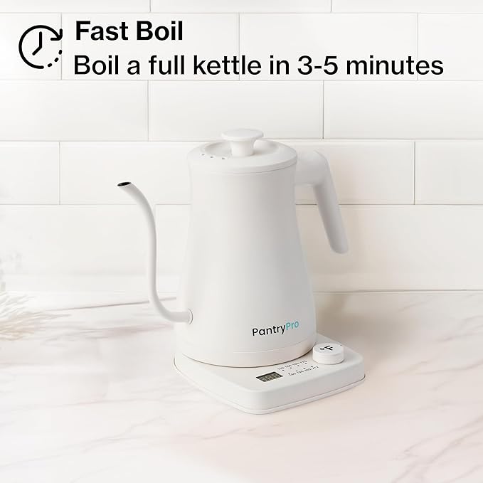 1.0L 1500W Gooseneck Electric Kettle - Stainless Steel Interior - Rapid-Boil - Auto Shut-Off, Boil-Dry Protection, Temperature Control, LED Indicator - White by The Display Guys