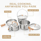 Living in a Bubble Premium 7-Piece Stainless Steel Cooking Set. Tri-Layer Bonded Stainless-Steel - Ergonomic Handles with Silicone Sleeve - Compact & Stackable