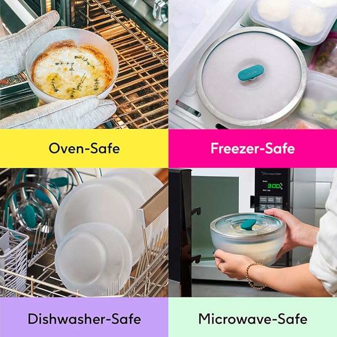 Anyday 4-Pc Microwave Cookware & Glass Food Storage Set with Glass Lids | Medium Plastic-Free Containers | Stackable Steamer with Vented Lid for Microwave-Safe Reheating & Steaming Vegetables, Rice