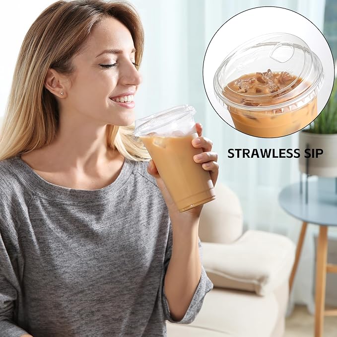 AOZITA 100 Pack 20 oz Plastic Cups With Strawless Sip-Lids, Iced Coffee Cups With Lid BPA Free, Disposable Clear Cup with Lid, To Go Cup for Smoothies, Party Drinks, Bubble Tea, Cold Beverage