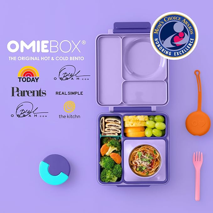 OmieBox Bento Box for Kids - Insulated Bento Lunch Box with Leak Proof Vacuum Insulated Food Jar - 3 Compartments, Two Temperature Zones (Purple Plum)