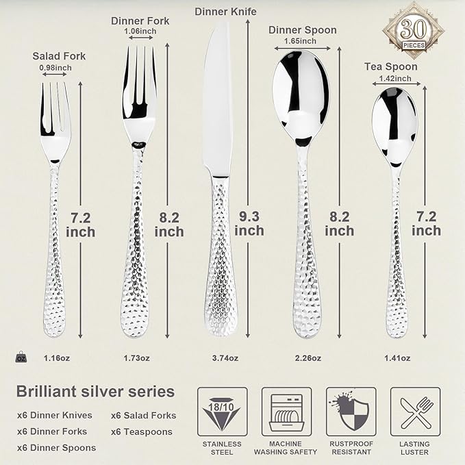 Hammered Silverware Set, 30-Piece Flatware Cutlery Set Service for 6, Modern Heavy Duty Design, 18/10 Stainless Steel Utensils, Dishwasher Safe