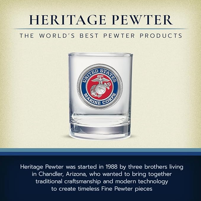 Heritage Pewter Marines Double Old Fashion- Eagle Globe & Anchor | Double Rocks Glass 14 OZ for Liquor | Expertly Crafted Pewter Glass