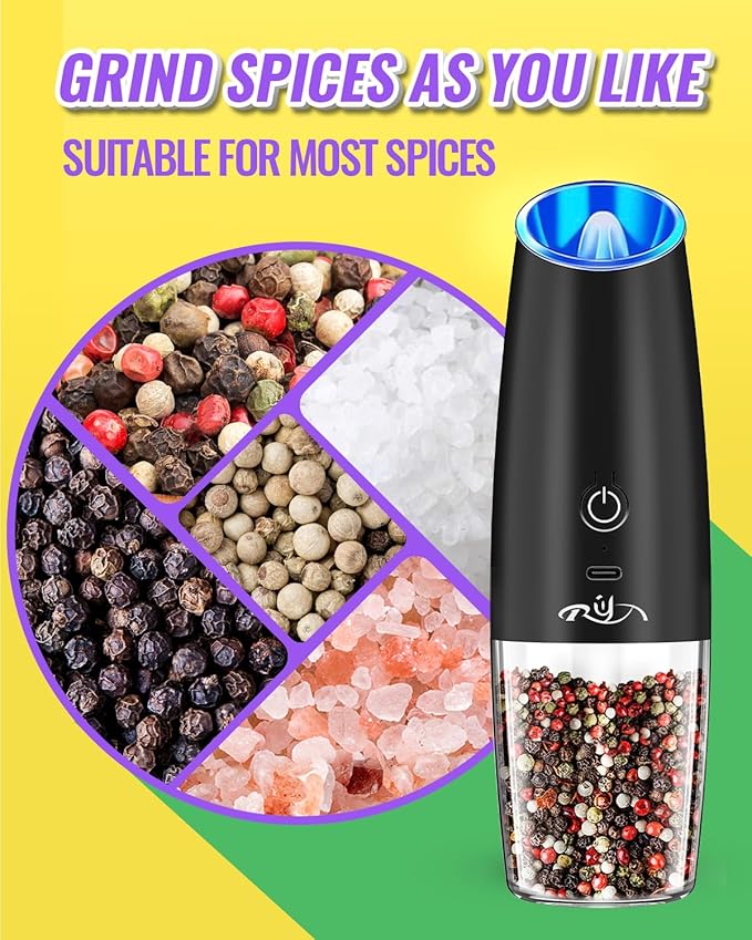 Rongyuxuan Upgraded Rechargeable Gravity Electric Salt and Pepper Grinder Set with LED lights,Stainless Steel Automatic Pepper or Salt Grinder Mill Shaker Refillable with Adjustable Coarseness,Black