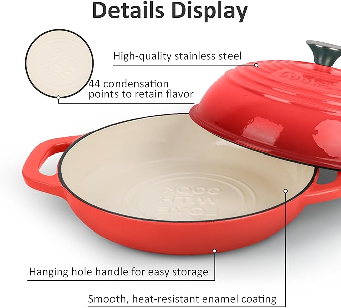 Enameled Cast Iron Dutch Oven with Lid – Non-Stick Bread Pot for Baking, Braising, and Stews – Heavy-Duty Ovenproof Casserole Cookware (Red, 5 QT)