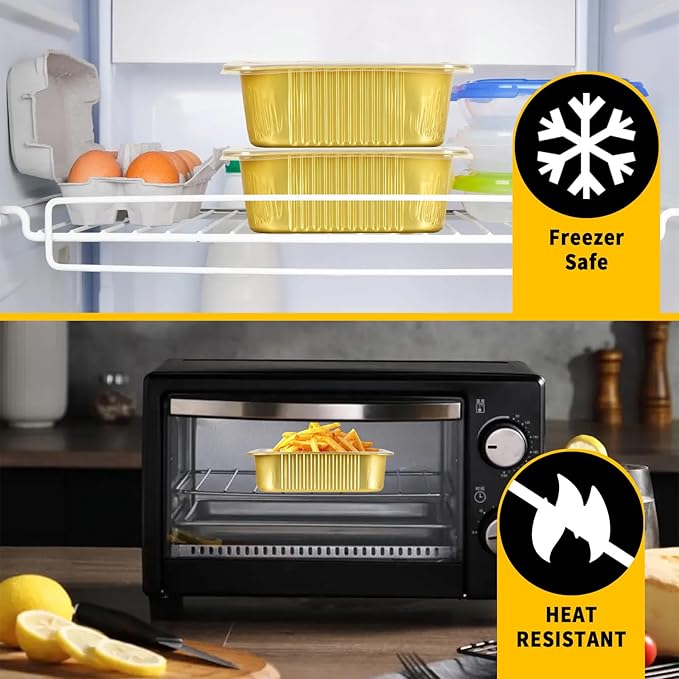 40 Pack 3 LB Gold Aluminum Foil Pans with Lids Heavy Duty (8.7"×6.5"×2.4") Foil Food Containers with Lids, 50oz Tin Foil Pans with Lids for Baking, Meal Prep, Freezer, Heating and Takeout