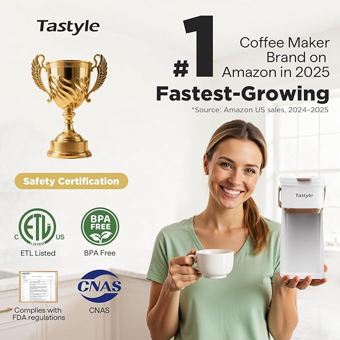 Single Serve One Cup Coffee Maker, for K Cups and Grounds, Mini Coffee Maker with Portable Handle, 6 to 12 Oz Brew Size, for Travel, Camping, Office, RV and Dorm, 120V, White and Brown