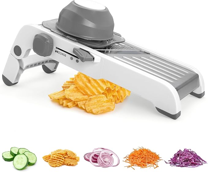 Mandoline Slicer for Kitchen, Adjustable Stainless Steel Mandoline Food Slicer, Onion Potato Cucumber Tomato Carrot Vegetable Fruit Slicer, Mandolin Veggie Cutter with Food Holder, Grey