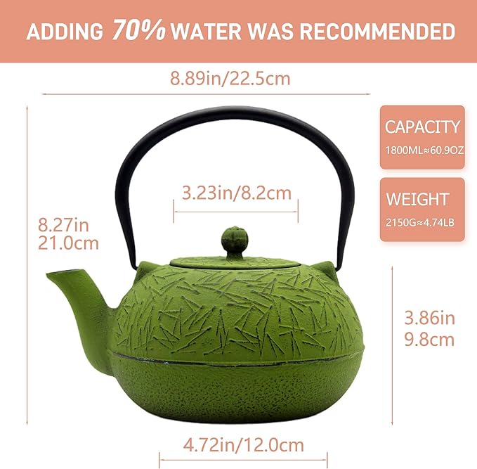 YJX 60.9oz Large Cast Iron Teapot, Big Tea Kettle for Stovetop Safe, Green Cast Iron Kettle Teapot with Stainless Steel Infuser for Loose Tea and Tea Bags(1800ml)