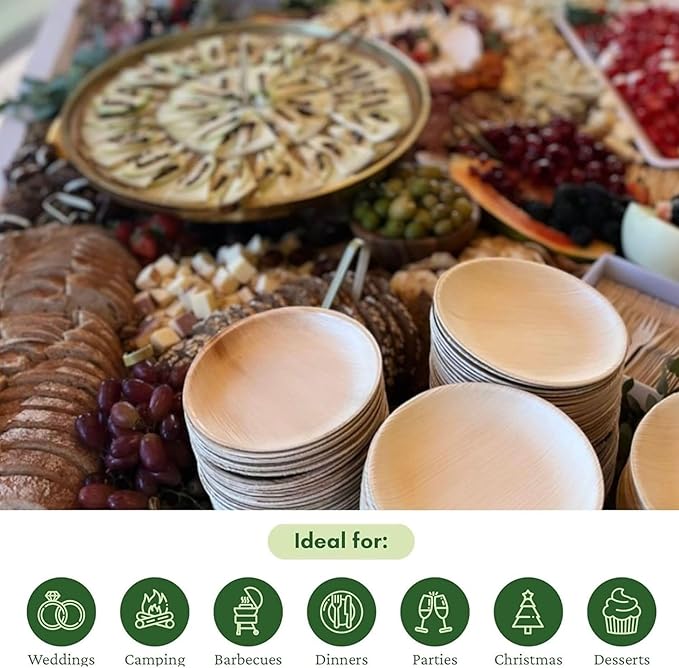 Dtocs Palm Leaf Plates 10 Inch Round (50) | Bamboo Plates Disposable Like Compostable Dinnerware Set for Party, Dinner, Serving Platters, Charcuterie Boards | Alternate to Plastic, Wood, Paper Plate