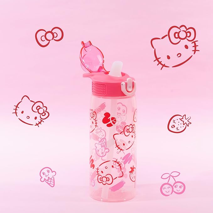 Zak Designs Sanrio Sage Water Bottle For School or Travel, 25oz Durable Plastic Water Bottle With Straw, Handle, and Leak-Proof, Pop-Up Spout Cover (Hello Kitty)