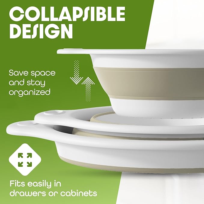 Collapsible Colanders (2 Pack Set) Food Strainers with Over-Sink Water Draining Base for Pasta Fruits and Vegetables (4 and 5 Quart) - White Beige