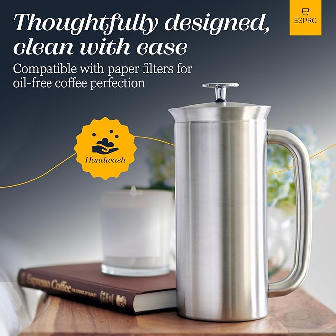 ESPRO P7 French Press Coffee Maker - Double-Walled Stainless Steel Insulated with Micro-Filter, 32 Ounces, Brushed Stainless Steel