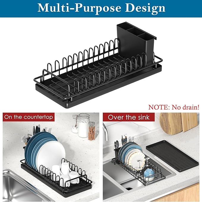 Small Sink Dish Drying Rack with Drainboard and Utensil Holder, Rustproof Compact Dish Drainer Plate Organizer for Kitchen Countertop & Over The Sink, Black
