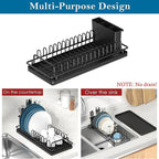 Small Sink Dish Drying Rack with Drainboard and Utensil Holder, Rustproof Compact Dish Drainer Plate Organizer for Kitchen Countertop & Over The Sink, Black