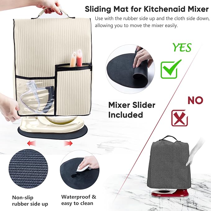BAGSPRITE Stand Mixer Cover with Applicance Slider for KitchenAid 4.5/5 Quart Bowl Lift Mixers – Kitchen Appliance Dust Cover with Pockets for Kitchen Aid Accessories and Attachments