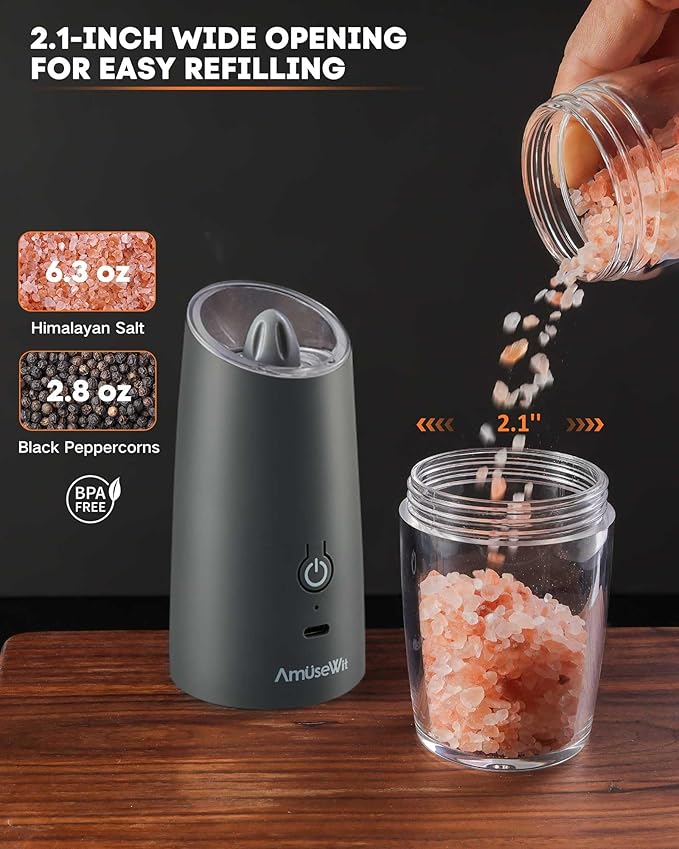 AmuseWit Gravity Electric Salt and Pepper Grinder Set [White Light] USB Rechargeable Automatic Pepper and Salt Mills,Adjustable Coarseness,One-Handed Operation,Cool Gray