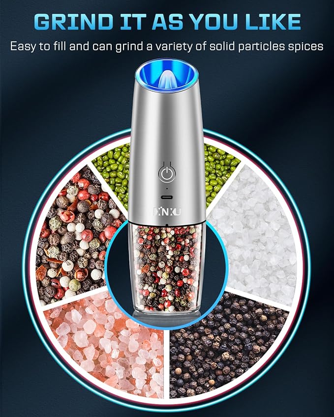 XinXu RECHARGEABLE Salt and Pepper Grinder Set,Automatic Pepper Mill,USB Rechargeable,Adjustable Coarseness,One-handed Operation,Ceramic Burr,Refillable,Auto Grinders Shakers LED Light,Sliver