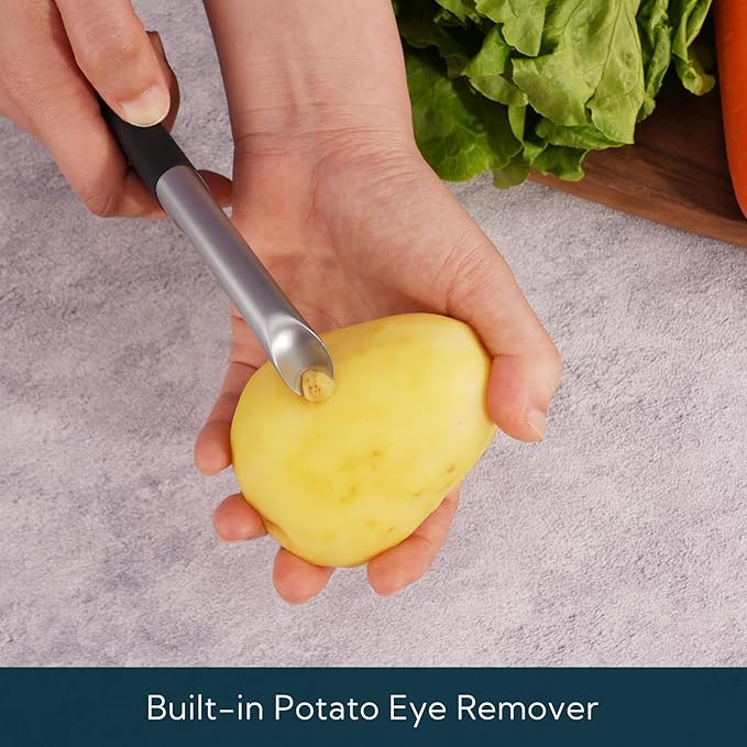 KITCHENDAO Swivel Vegetable Potato Peeler for Kitchen -Durable Japanese 420J2 Stainless Steel Sharp Dual Blade- Built-in Eye Remover, Ergonomic Soft-Touch Handle - Dishwasher Safe-Black