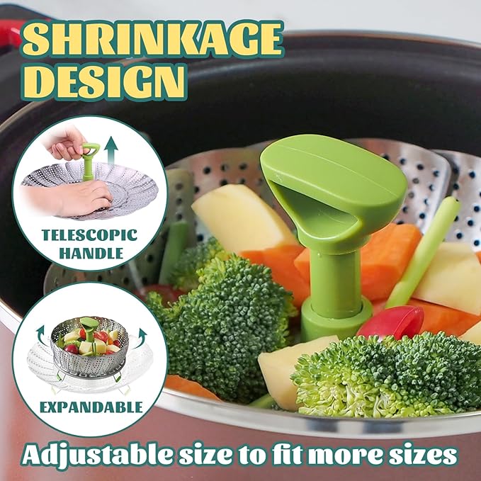 SHIKORI Steamer Basket,Stainless Steel Vegetable Steamer Basket Folding,Folding Expandable Steamers,Expandable to Fit Various Size Pot-Green 11 in