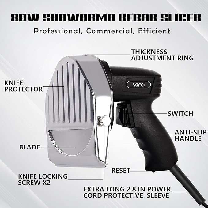 VONCI 80W Commercial Gyro Cutter, Electric Shawarma Knife, Doner Kebab Meat Slicer With 2 Blades, 2600 RPM, 0-8mm Adjustable Thickness, Powerful Turkish Grill Machine.