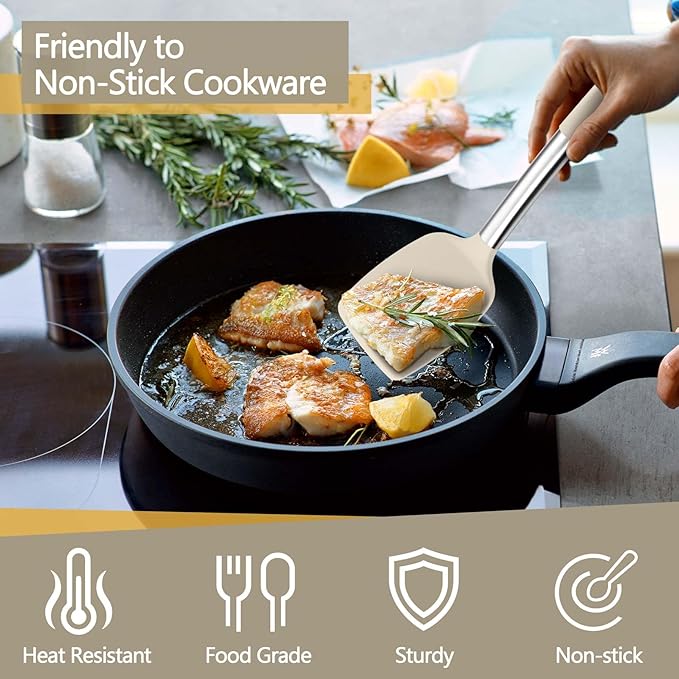 P&P CHEF Khaki Kitchen Cooking Utensil Set of 4, Silicone Solid Spatulas Slotted Spoons Turners for Non-stick Cookware Flipping Mixing, Heat-proof