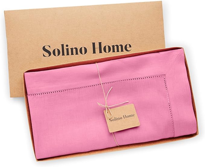 Solino Home Linen Tablecloth for Rectangle Tables 60 x 120 Inch - Classic Hemstitch 100% Pure Linen Flamingo Pink Table Cloth - Machine Washable Cloth Tablecloth for Summer, Halloween