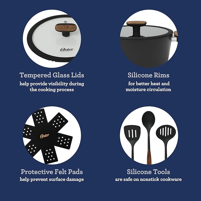 Oster Platinum Oxburg 14 Piece Forged Aluminum PFA Free Non-toxic Premium Ceramic Non Stick Interior Cookware & Kitchen Tools Set - Black w/Wood Handles