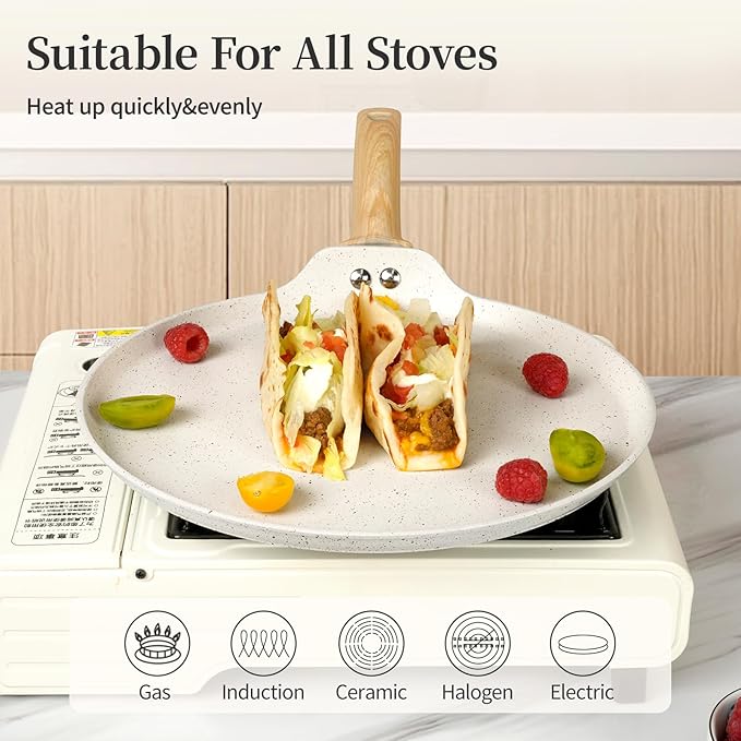 Nonstick Crepe Pan, Granite Coating Flat Skillet Dosa Tawa Tortilla Pan, 10 inch White Pancake Griddle Roti Pan With Stay-Cool Handle, Induction Compatible, PFOA Free