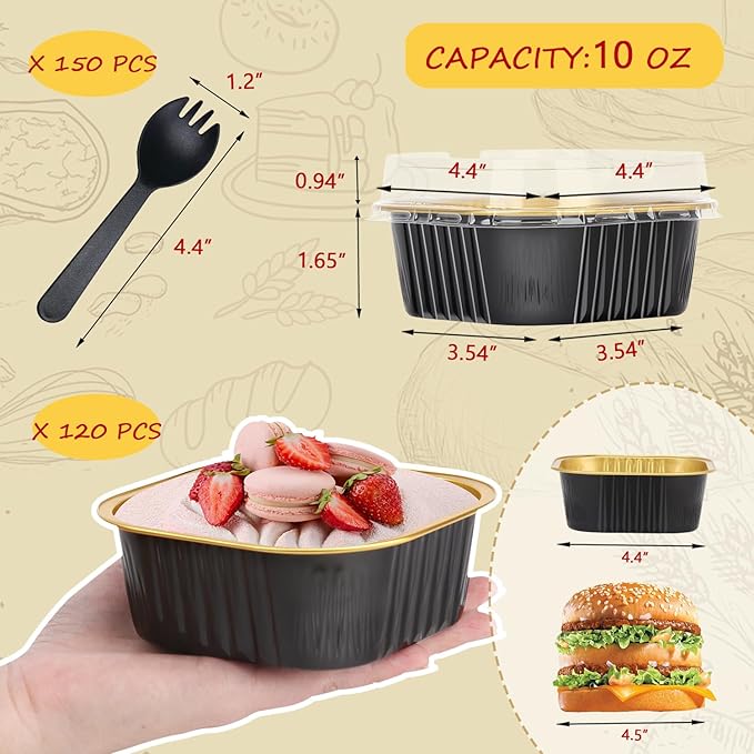 LNYZQUS 120pack/10oz Mini Cake Pans with Lids, Small Foil Baking Tins Brownie Baking Cups,4”x4” Disposable Ramekins Jumbo Cupcake Muffin Pan Mini Aluminum Containers Holders-Black