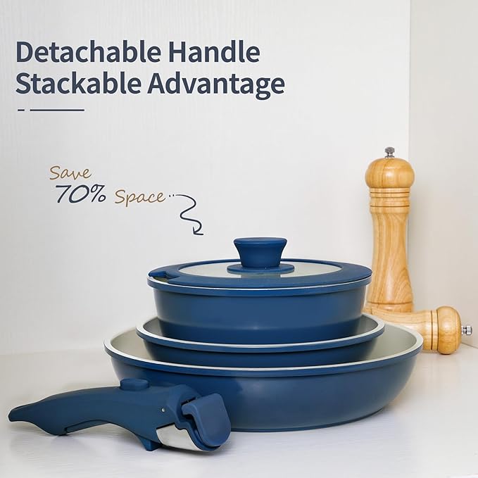 8PCS Ceramic Cookware,Nonstick Pan, Removable Handle Ceramic Pots and Pans Set, Stackable Set, Nonstick Pan Pots and Pans Set Non Stick pot(Blue)