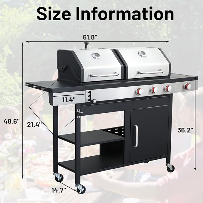 Propane and Charcoal Combo Grill with Side Burner, 37,230 BTU Outdoor BBQ Grill with Porcelain-Enameled Cast Iron Grates and Griddle Plate for Patio, Garden, Backyard (propane+charcoal)