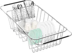 Small Dish Drainer Rack in Sink Adjustable, Expandable Stainless Steel Metal Dish Drying Rack Organizer with Stainless Steel Utensil Holder Over Inside Sink Counter, Rustproof(for 1-2 People)