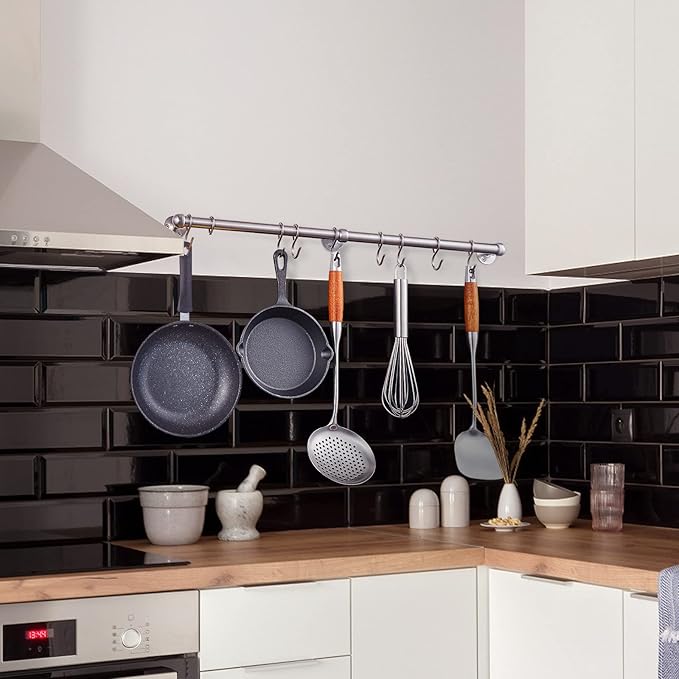 ROTHLEY Stainless Steel Hanging Pot Rack Hanger: 23.7 Inch Pot and Pan Hanger Wall Mounted Hanging Pot Bar Rack Heavy Duty Pot Hangers Kitchen Rail with 8 S Hooks (Brushed)