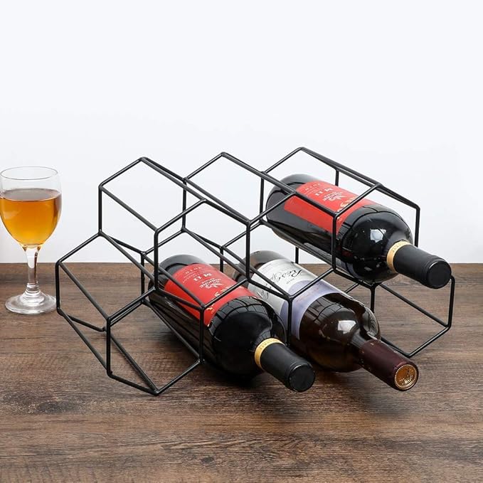 Urban Deco Small Wine Rack 9 Bottle Holder - No Need Assembly Modern Metal Wire Black Wine Storage for Countertop Table Top Coffee Bar Kitchen