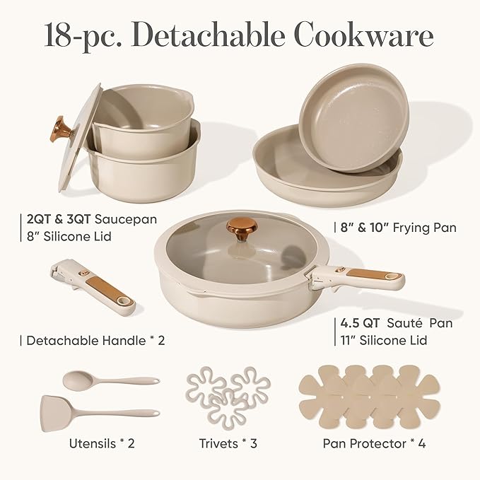 CAROTE 18Pcs Ceramic Cookware Set with Detachable Handle, Pots and Pans Set Non Stick, Non Toxic Cookware Set Removable Handles, Induction Kitchen Cookware Sets, Dishwasher/Oven Safe