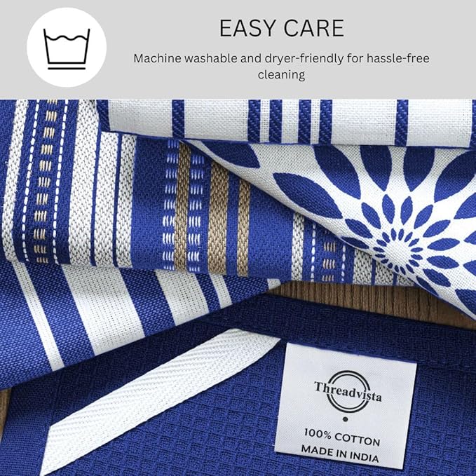 Assorted Kitchen Towels Large 16x26 Inch 100% Cotton Set of 5 - Dish Cloths Towels with Hanging Loop - Soft Absorbent Washable Tea Towels for Kitchen - Quick Drying Dish Towels Navy Blue