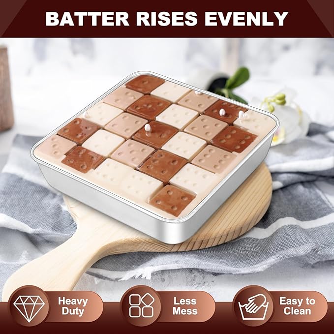 EWFEN 8 x 8 Inch Square Cake Pan, Stainless Steel Baking Pan for Lasagna Brownies Casseroles, Square Bakeware for Oven Cooking, Non-Toxic & Rust-resistant, Dishwasher Safe, 2 Pack