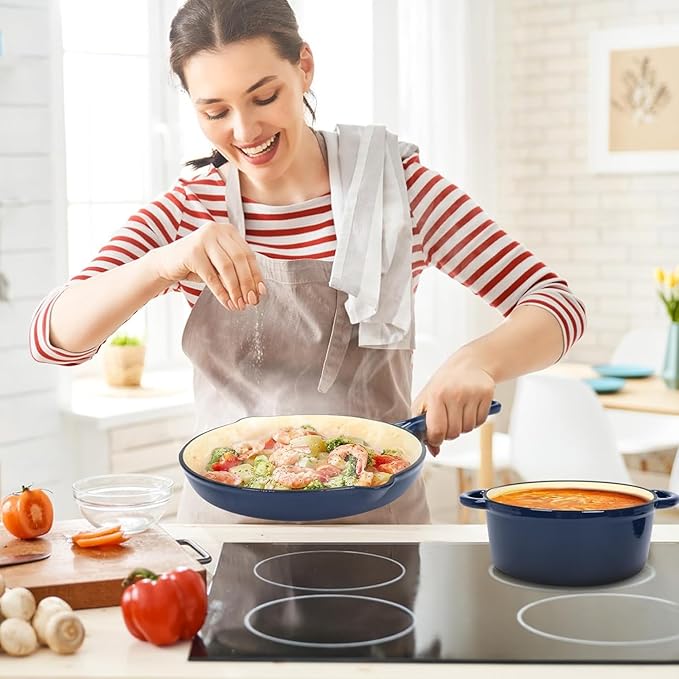 Hisencn Enameled Cast Iron Cookware Set - 7 Piece Set of Dutch Ovens, Sauce Pan, Skillet, 3 Lids, Dutch Oven Set, Ceramic Coated Cast Iron, Heavy Duty, Gas/Induction Compatible (Navy)