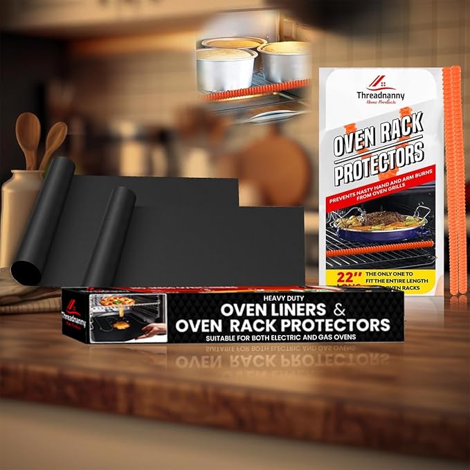 Oven Liners for Bottom of Oven Black (2-pack) Bundled with Rack Shield (2-pack) - Large Mat for Bottom of Range (17"x 25") and 22" Orange Stove Guards for Racks - Reusable & Heat Resistant
