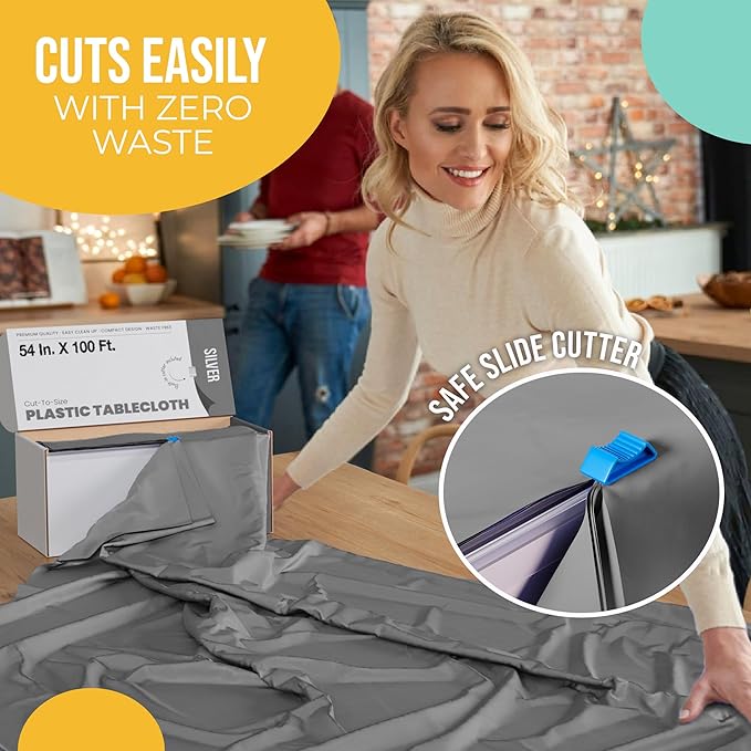 Exquisite Party Solids 54 Inch X 100 Feet Silver Plastic Table Cover Roll in A Cut - to - Size Box with Convenient Slide Cutter. Cuts Up to 12 Rectangle 8 Feet Plastic Disposable Tablecloths